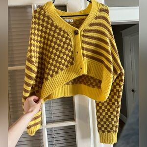 Button up small checkered/striped yellow and brown cropped sweater